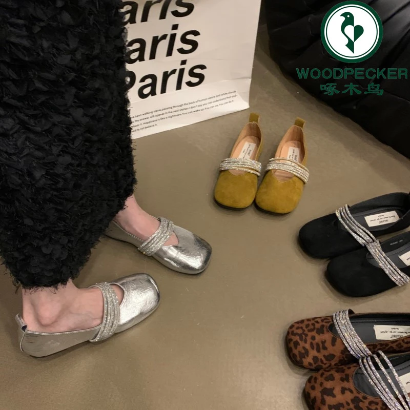 啄木鸟水钻带芭蕾风玛丽珍鞋新款春秋季方头百搭平底法式温柔单鞋