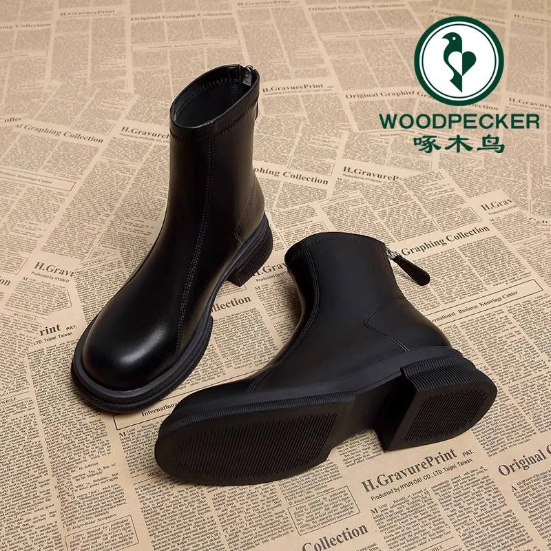 啄木鸟软皮靴子女2025秋冬新款韩系短靴法式粗跟小踝靴超火瘦瘦靴