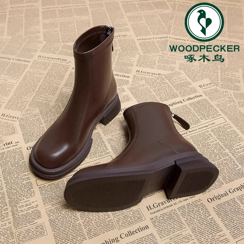 啄木鸟早秋马丁靴女2025秋冬新款高级感小短靴平底瘦瘦裸靴及单靴