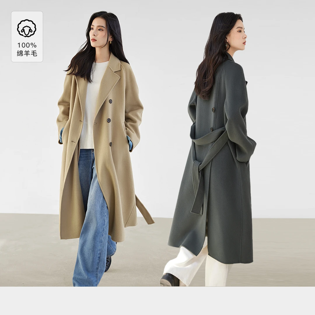 对白100%绵羊毛双面毛呢大衣女2023秋冬新款双排扣赫本风西装外套