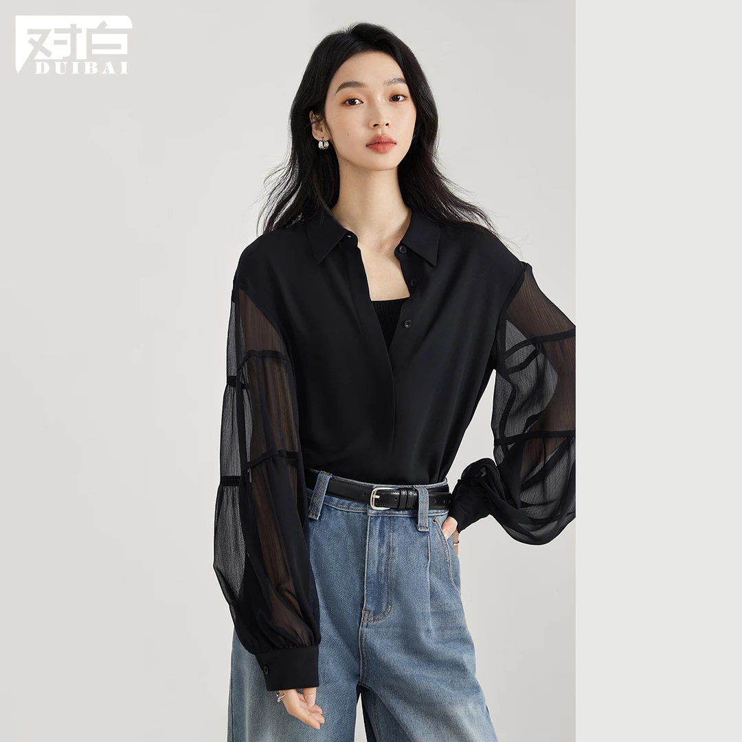 对白复古灯笼袖黑色雪纺衬衫女2025秋季新款高级感气质轻薄上衣