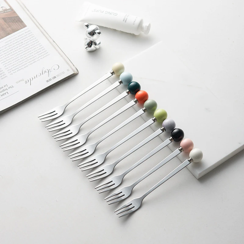 潮款陶瓷水果叉宿舍家用不锈钢叉子勺子马卡龙彩色高颜值甜品勺子