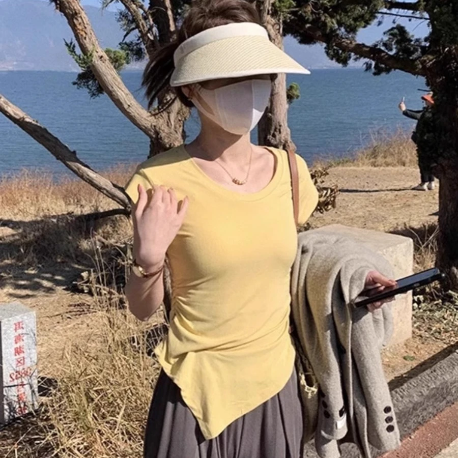 纯棉正肩女T恤短袖夏季辣妹小个子不规则显瘦休闲小众洋气上衣潮