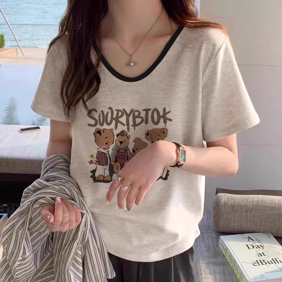 纯棉正肩撞色短袖T恤女2024夏季新款设计感小众洋气宽松上衣潮牌