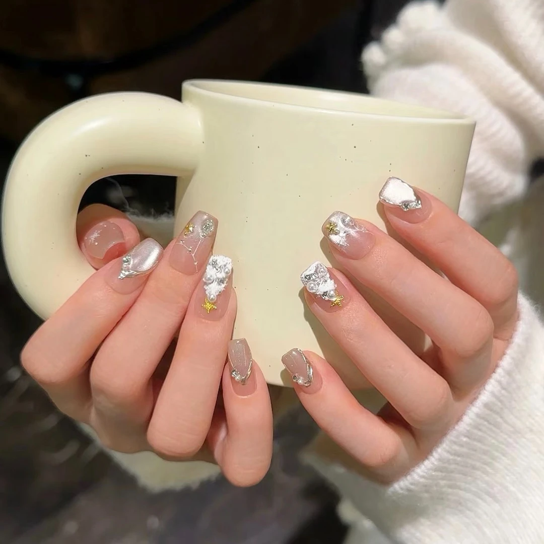 『初雪』设计穿戴甲温柔纯手工气质纯欲金色短甲穿戴甲