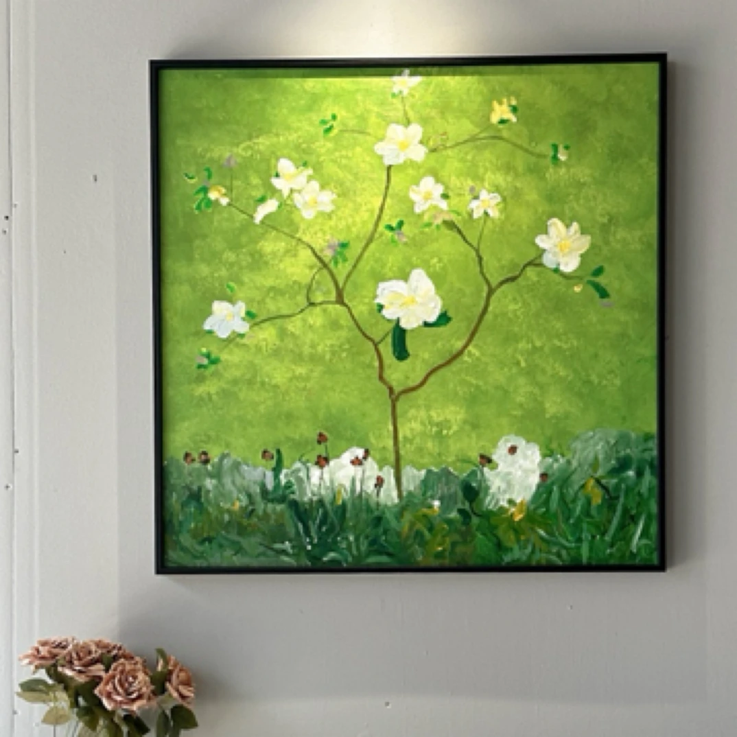 绿雾【山茶花 】80*80原创纯手绘奶油风餐厅卧室客厅玄关艺术挂画