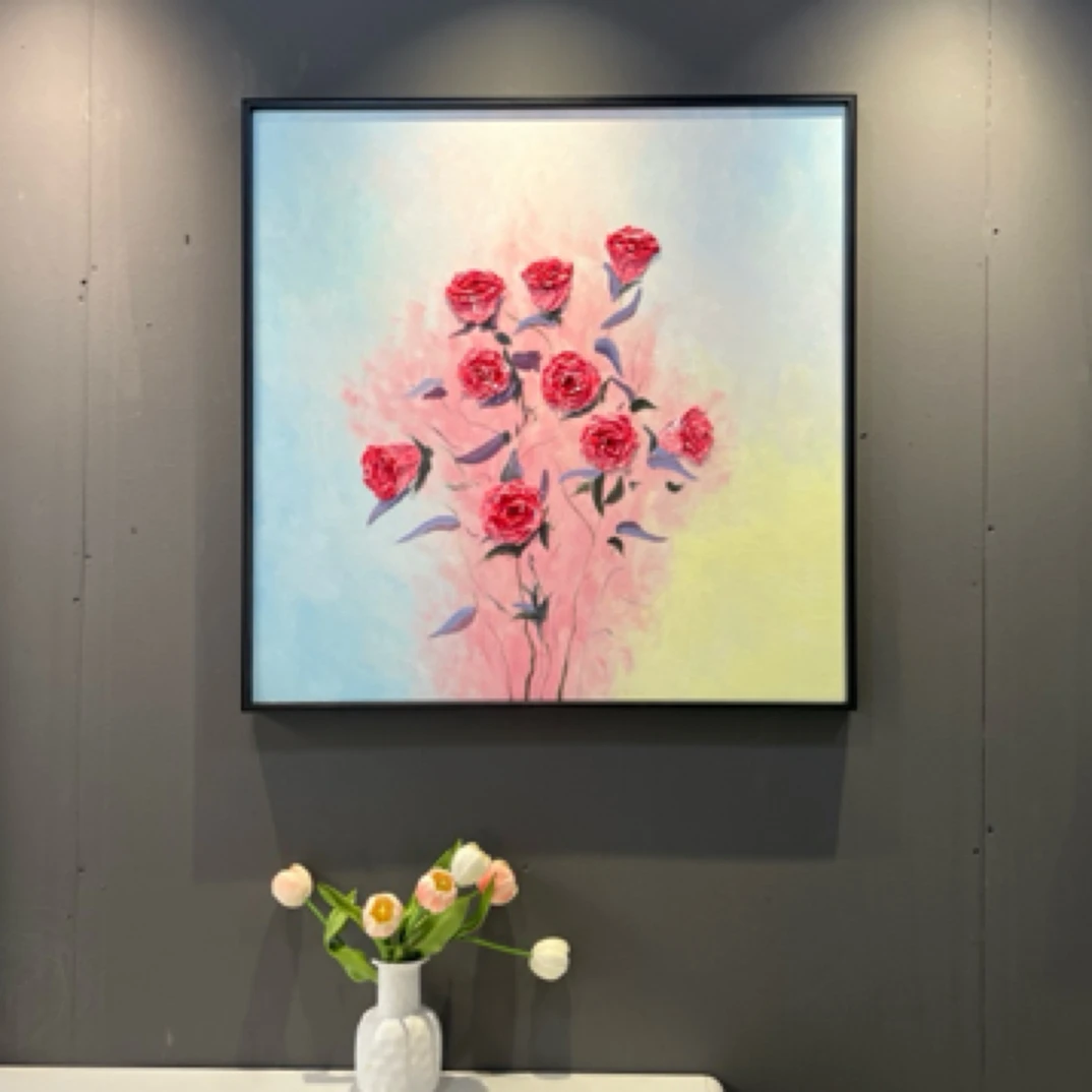 【浪漫玫瑰】80×80纯手绘油画简约风玄关画餐厅画卧室画斗柜挂画