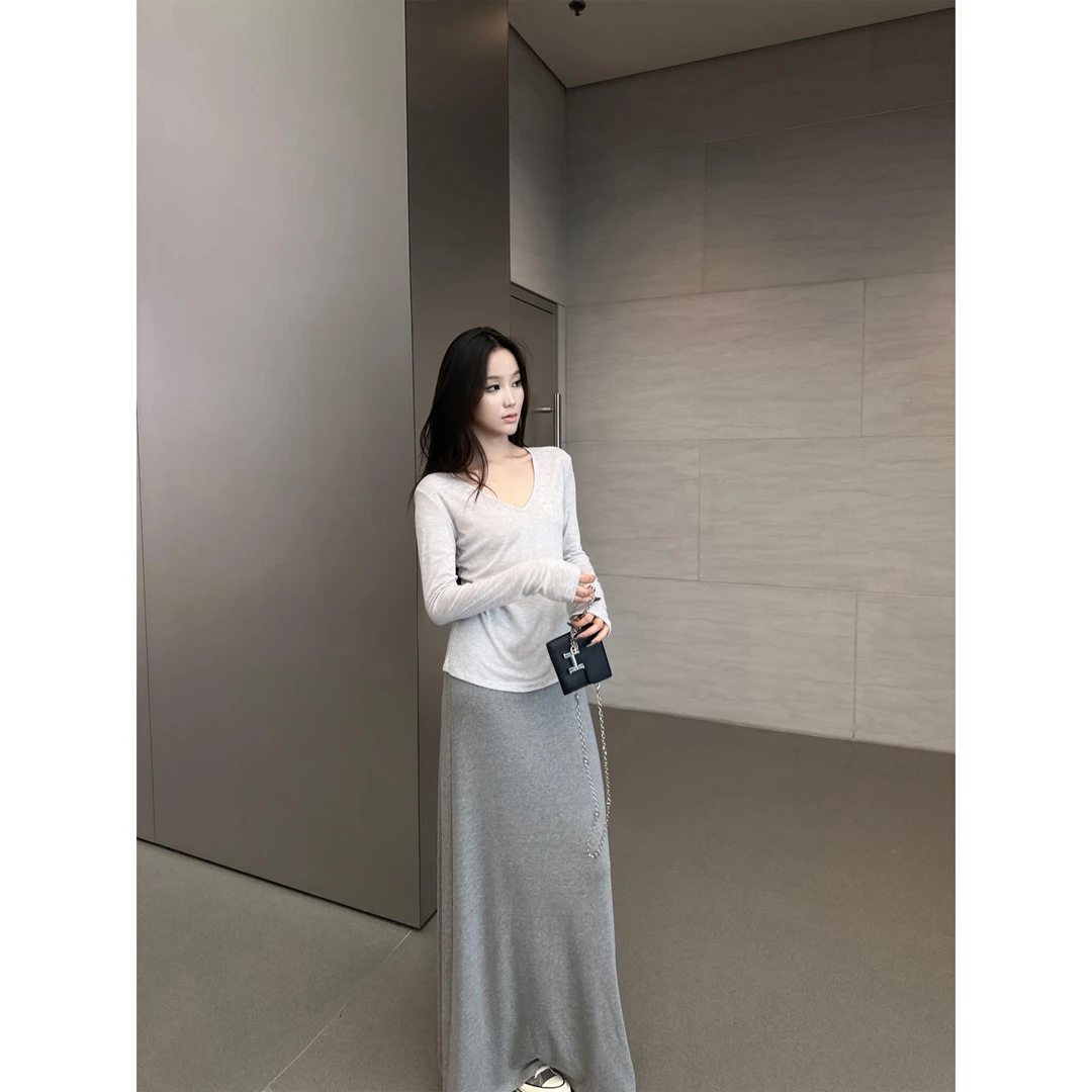 5werkwen半身裙女夏季垂感磨毛宽松百搭软糯休闲简约灰色A字长裙