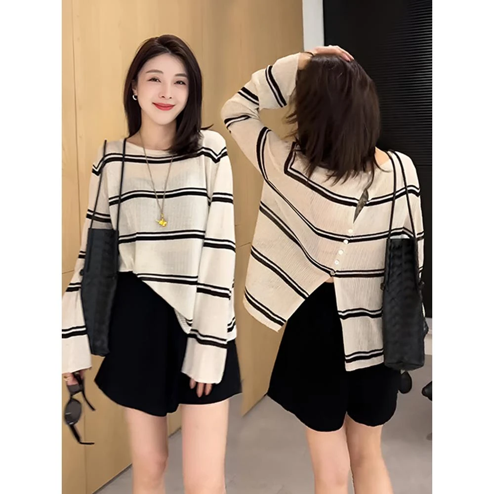 撞色条纹后开叉冰丝长袖针织衫女2024新款夏季宽松小个子防晒上衣