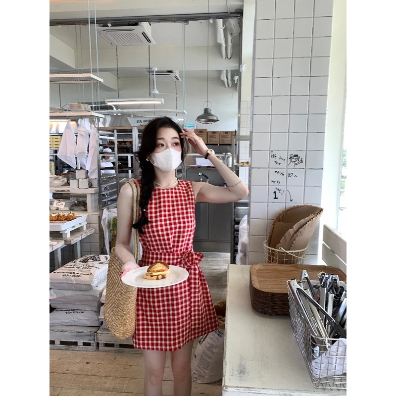 thepeachofficial伯爵红茶拿铁·维希红格纹 无袖少女连衣裙
