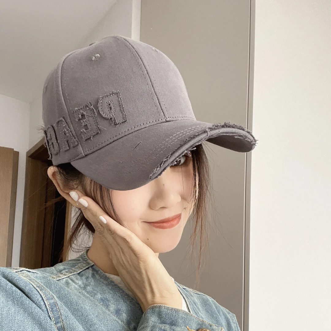 韩版字母大头破洞做旧硬顶棒球帽子女潮牌百搭休闲显脸小女款网红