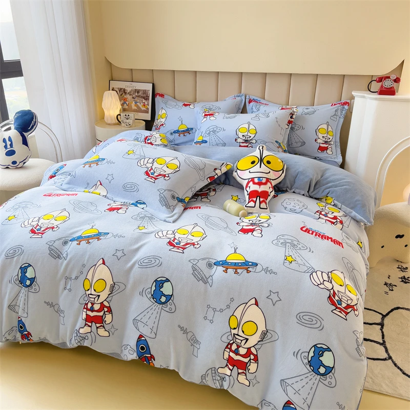 奥特曼牛奶绒被罩单品儿童卡通加厚双面珊瑚绒冬季床单笠被套件四