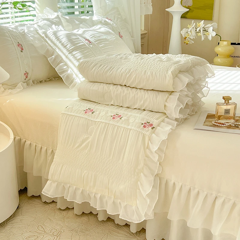 泡泡纱纯色夏凉被夏被四件套简约床裙款薄款被子可水洗空调被夏季