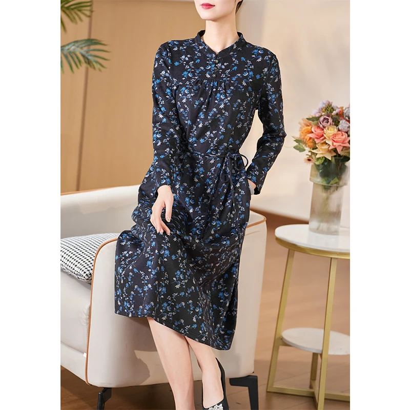 迪欧芙2023秋冬季新款收腰显瘦温柔圆领款长袖女连衣裙#DLQ15806