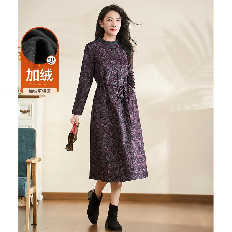 迪欧芙2024新款花色复古气质加绒加厚保暖秋冬连衣裙女#DLQ17795