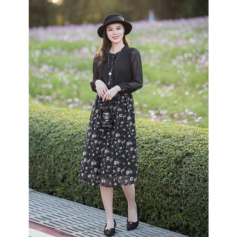 迪欧芙2023年春季新款气质时尚显瘦复古长减龄连衣裙女#CLQ14021
