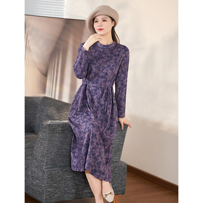 迪欧芙2023秋冬季新款优雅简约轻奢花色款长袖女连衣裙#DLQ15810