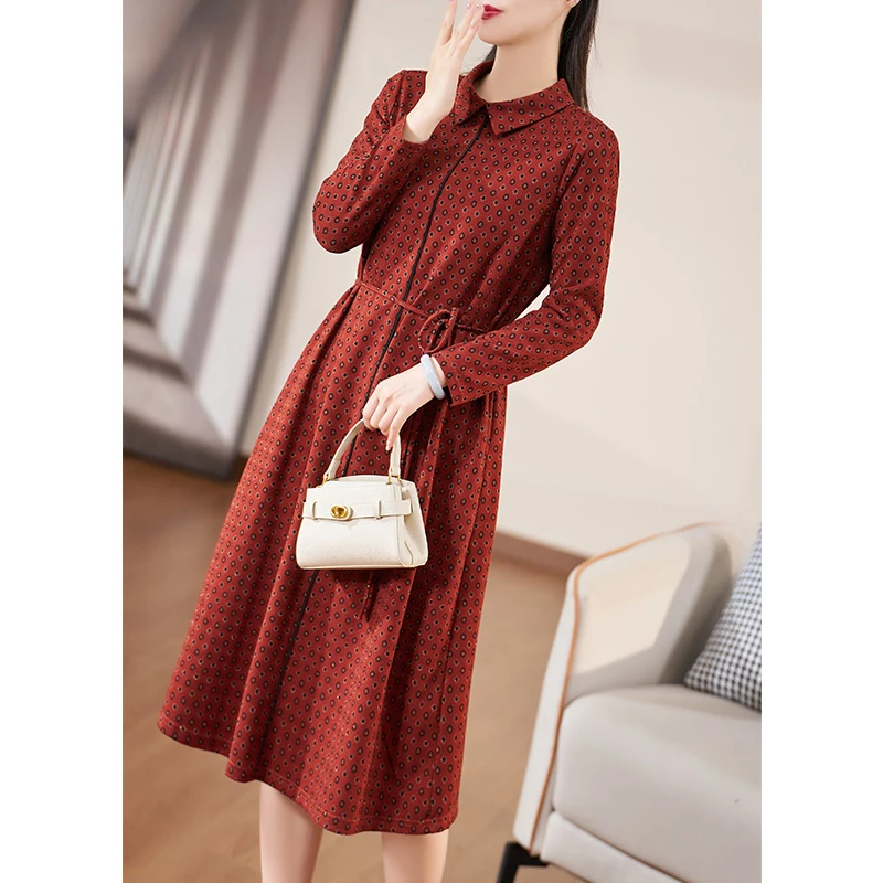 迪欧芙2024秋季新款中国风时尚修身气质翻领长袖连衣裙#QLQ15449