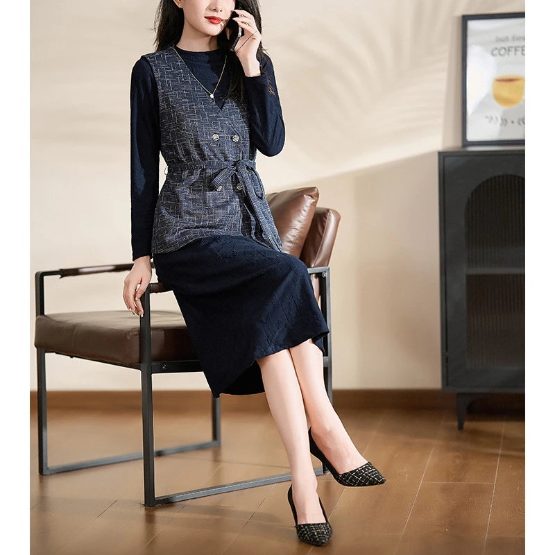 【两件套】迪欧芙2024秋季新款蓝色气质复古长袖套装女#QTZ17230