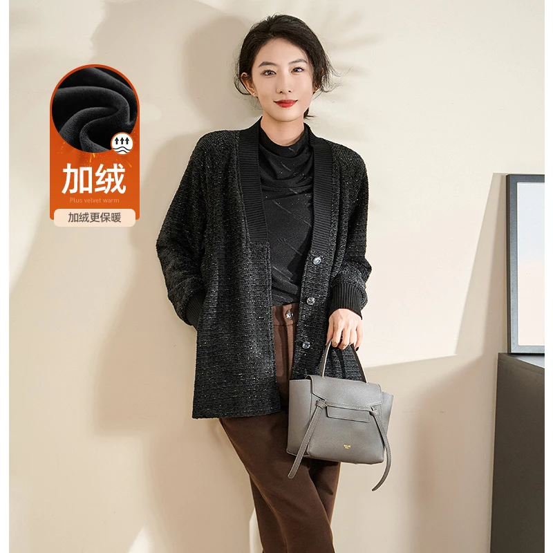 迪欧芙2024新款黑色宽松时尚复古加绒加厚保暖卫衣女#DWT17662