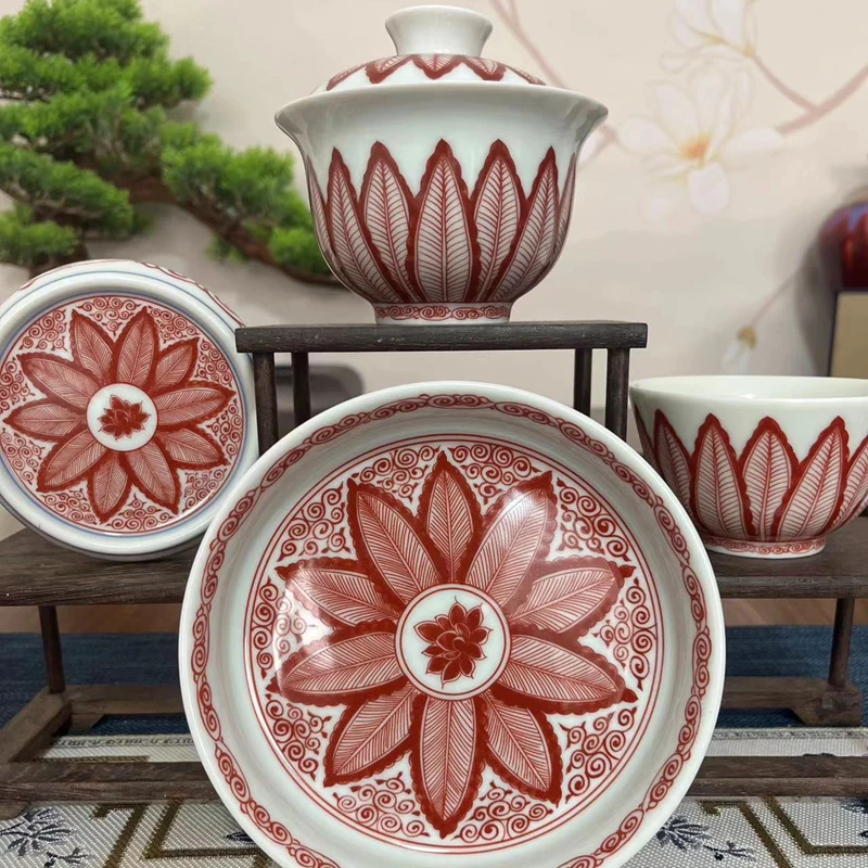 景德镇陶瓷手工釉里红芭蕉叶盖碗壶承杯子杯垫功夫茶碗四件套系列