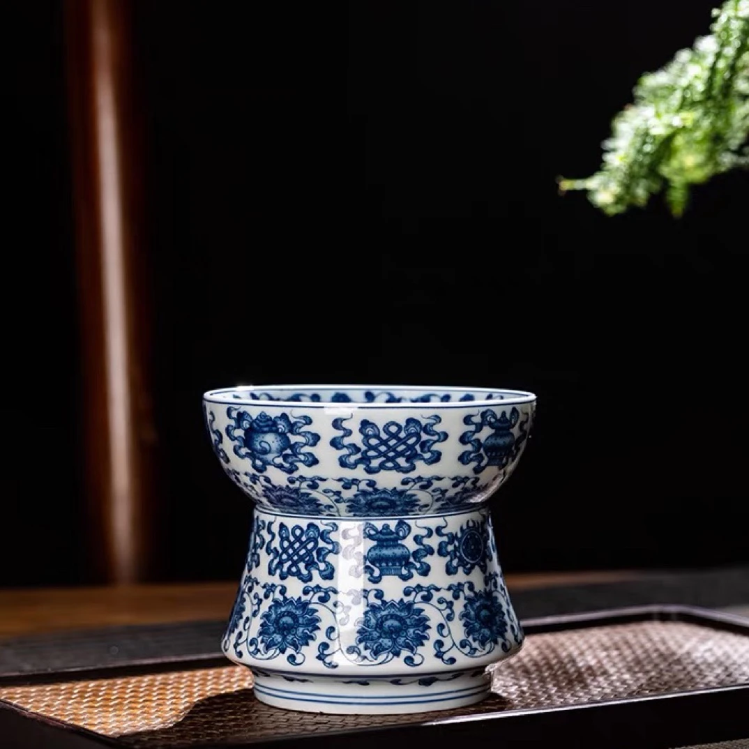 景德镇手工青花缠枝八宝茶漏陶瓷白瓷家用茶隔全瓷一体茶叶过滤网