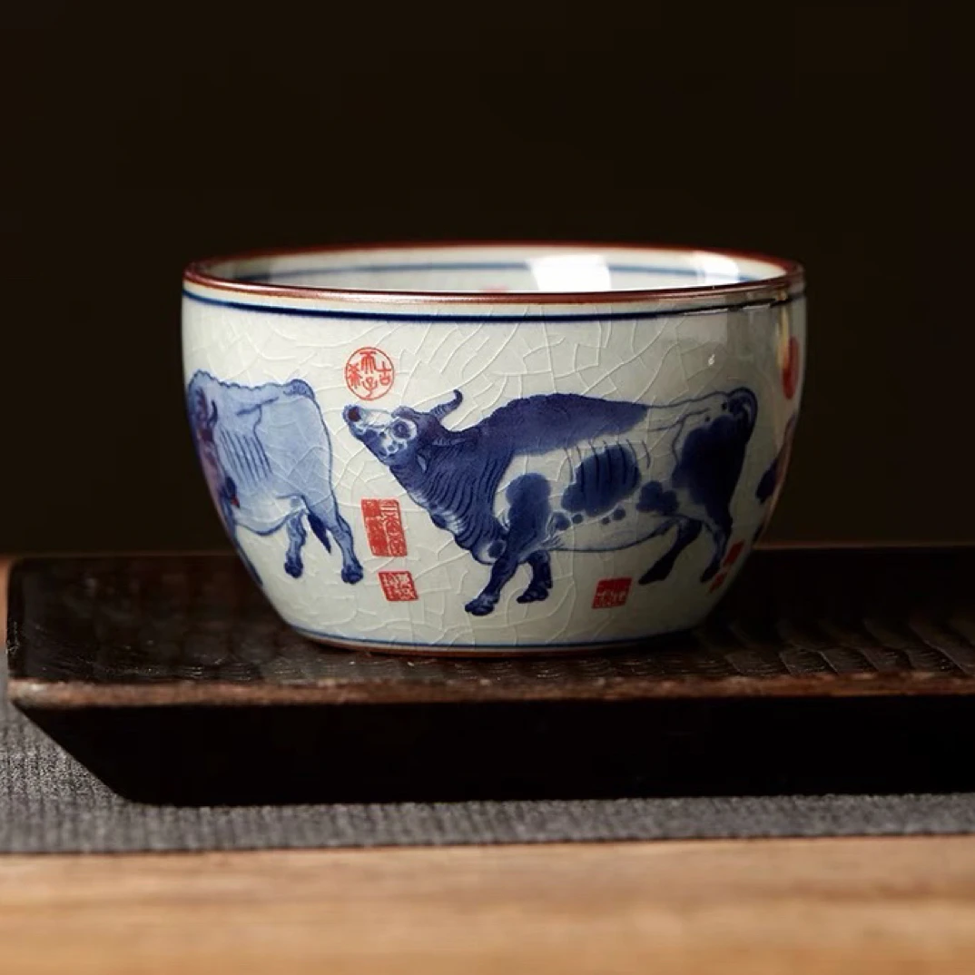 景德镇老陶泥青花五牛图主人杯仿古茶杯开片可养复古品茗杯子单杯