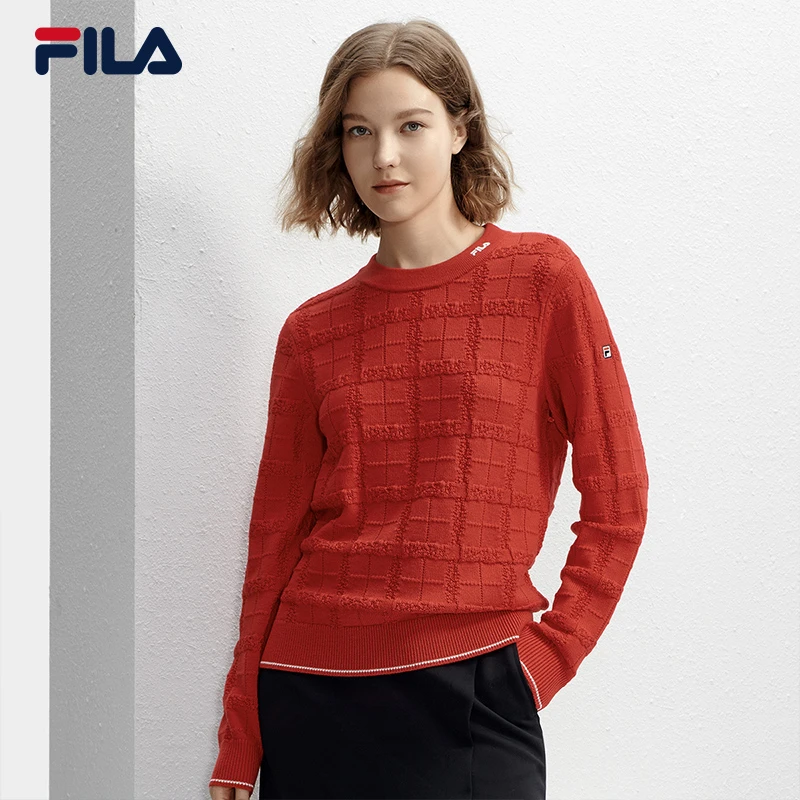 FILA斐乐女装新年红色编织衫2024春季新款时尚休闲经典运动毛衣女