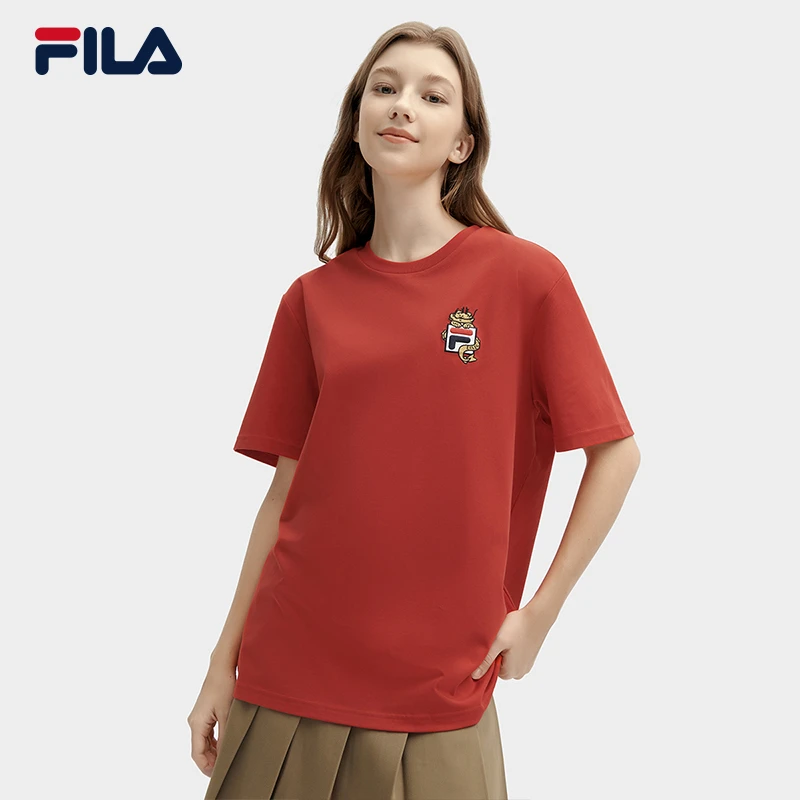 【龙年限定】FILA斐乐新年情侣红色T恤|2024春季简约卡通短袖衫男女