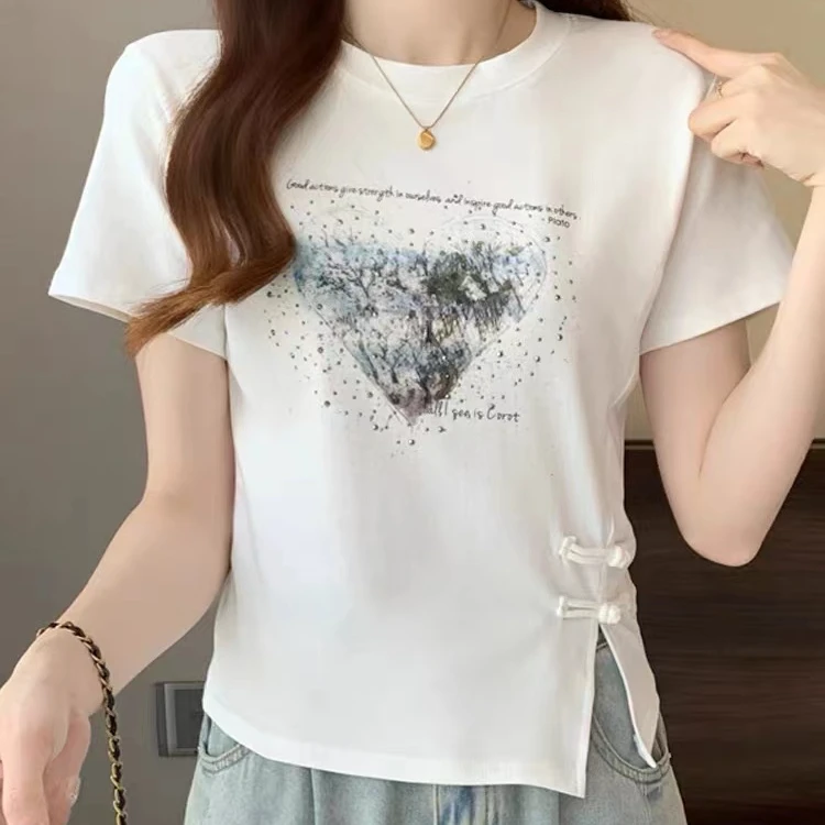 t恤显瘦时尚百搭夏季宽松印花重工气质白色洋气休闲小众圆领绣花