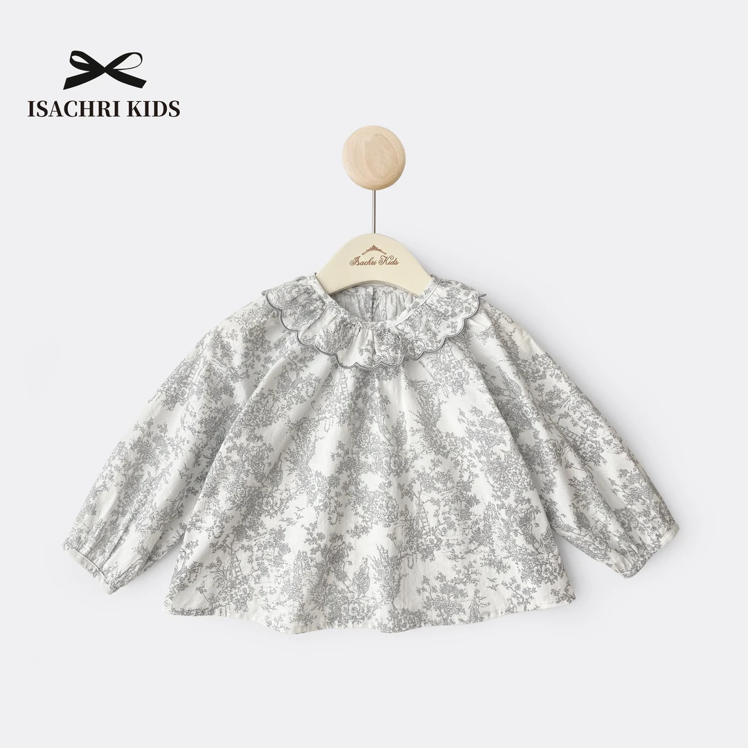 晶晶家【艾洛蒂】法式碎花女童秋装娃娃衫~花边领长袖女宝上衣IS161