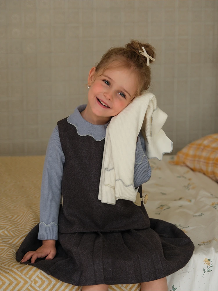 晶晶家【现发】闭眼入 打底衫花边领女童套头毛衣针织衫打底衫IS120