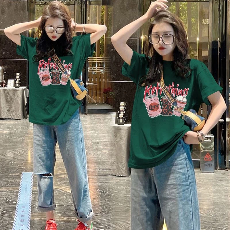 墨绿色纯棉短袖t恤女爆款夏季宽松大码韩版印花半袖新款女士上衣