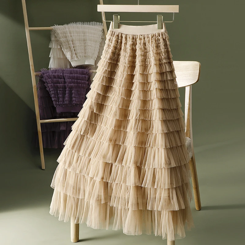 高端网纱仙女A字层层蛋糕裙半身裙女秋冬新款高腰垂感大摆长裙子