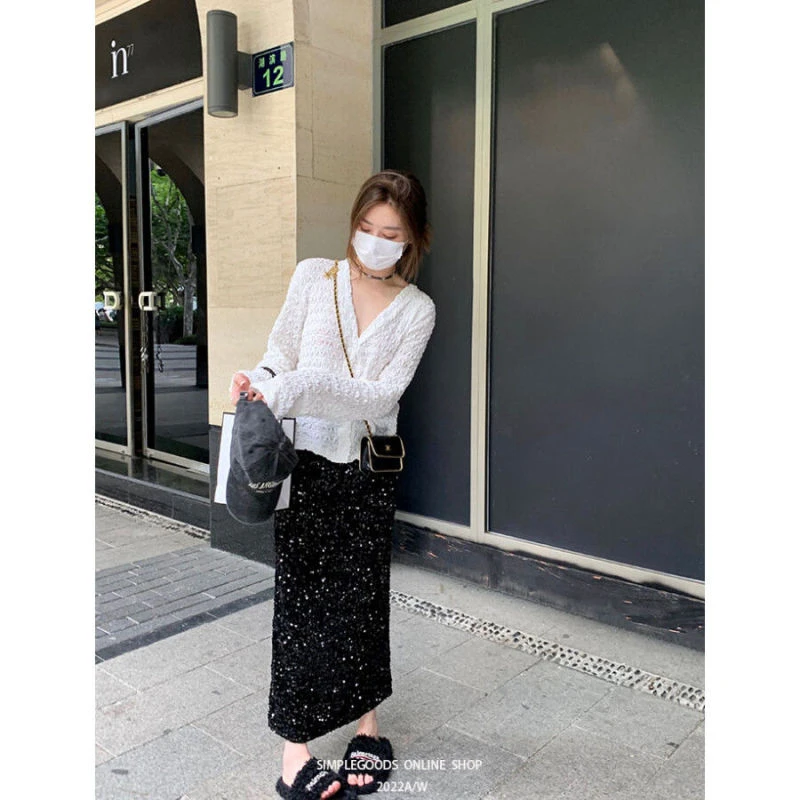 秋冬韩版气质闪闪珠光亮片丝绒半身裙高腰显瘦后开叉直筒中长款裙