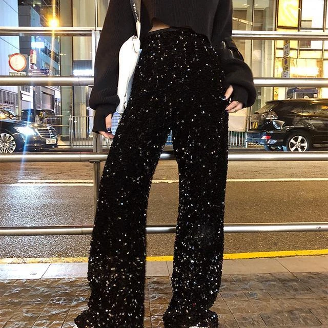 春秋韩版新款网红亮片闪闪休闲裤女高腰垂感阔腿裤宽松直筒裤子