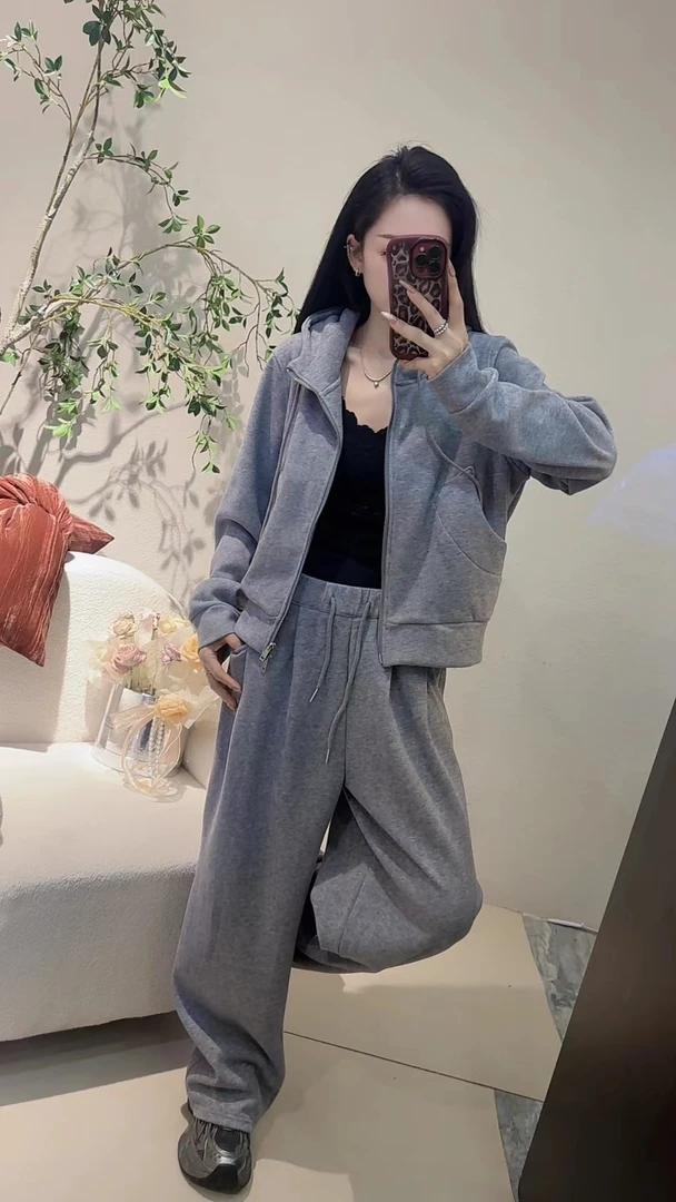 [DARUI]休闲运动套装女连帽拉链卫衣加厚阔腿裤两件套-0923