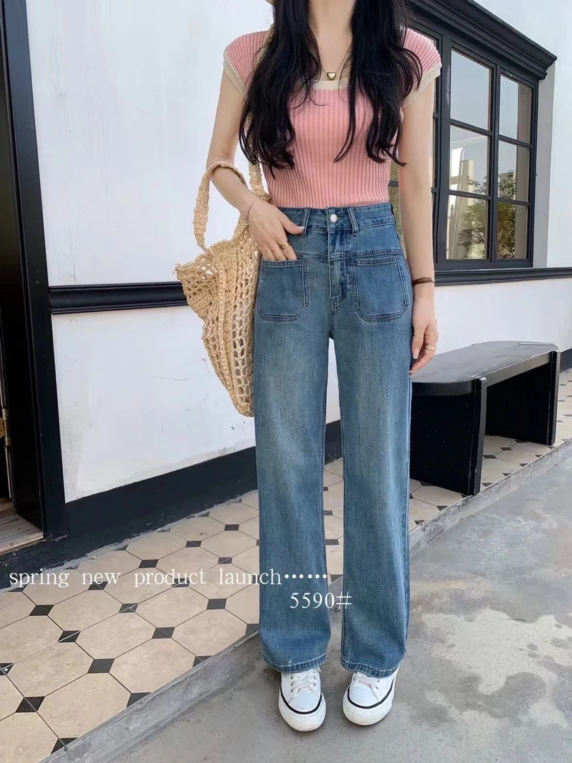 中高腰直筒阔腿裤2024小个子百搭窄版牛仔裤时尚简约微弹蓝色女
