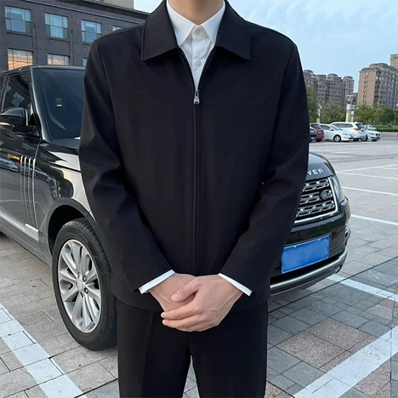 男士夹克男装商务青年宽松黑色休闲男外套男款春秋翻领上衣秋季潮