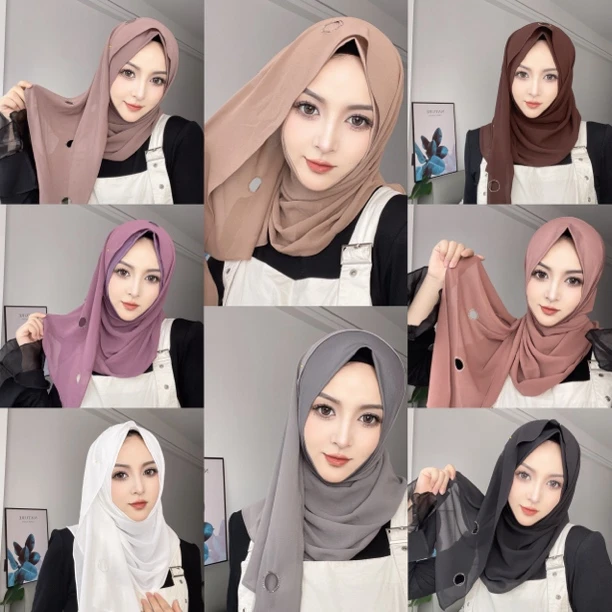 设计款品质水晶麻拼接雪纺绕巾镂空烫钻