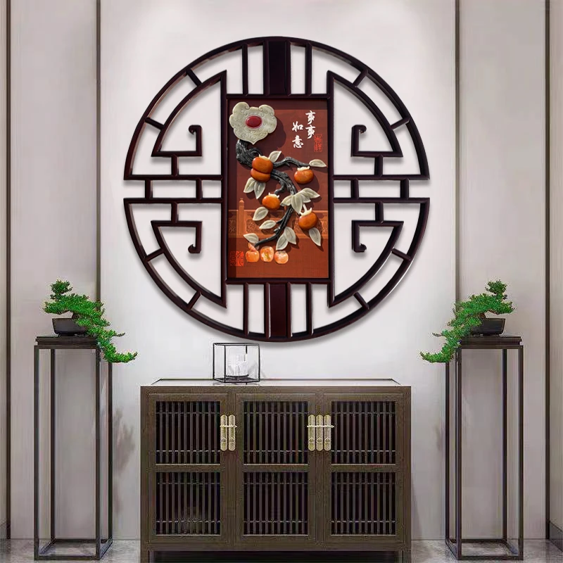 客厅装饰画沙发背景墙新中式入户玄关走廊尽头挂件玉雕画圆形墙画