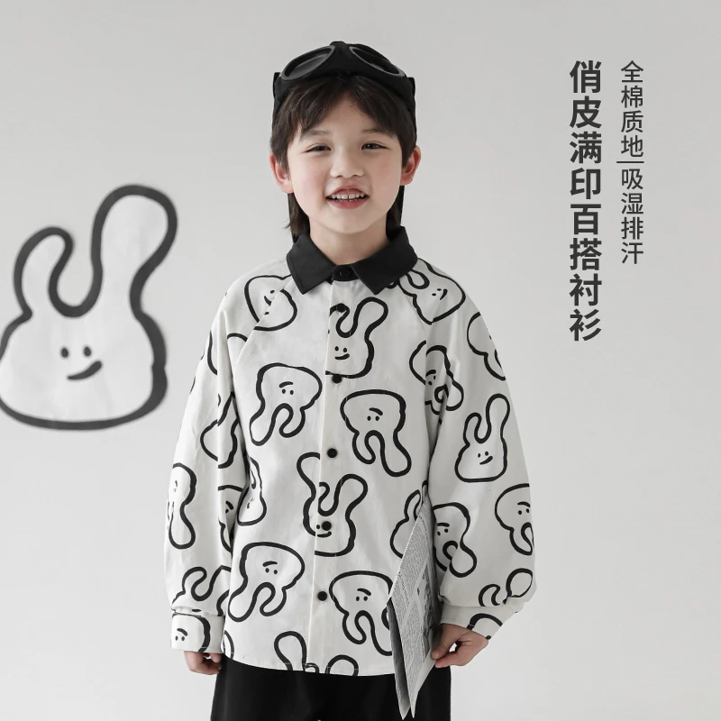 【2025清】青少年童装秋三波纯棉衬衫2023新款满印大码上衣QG1805