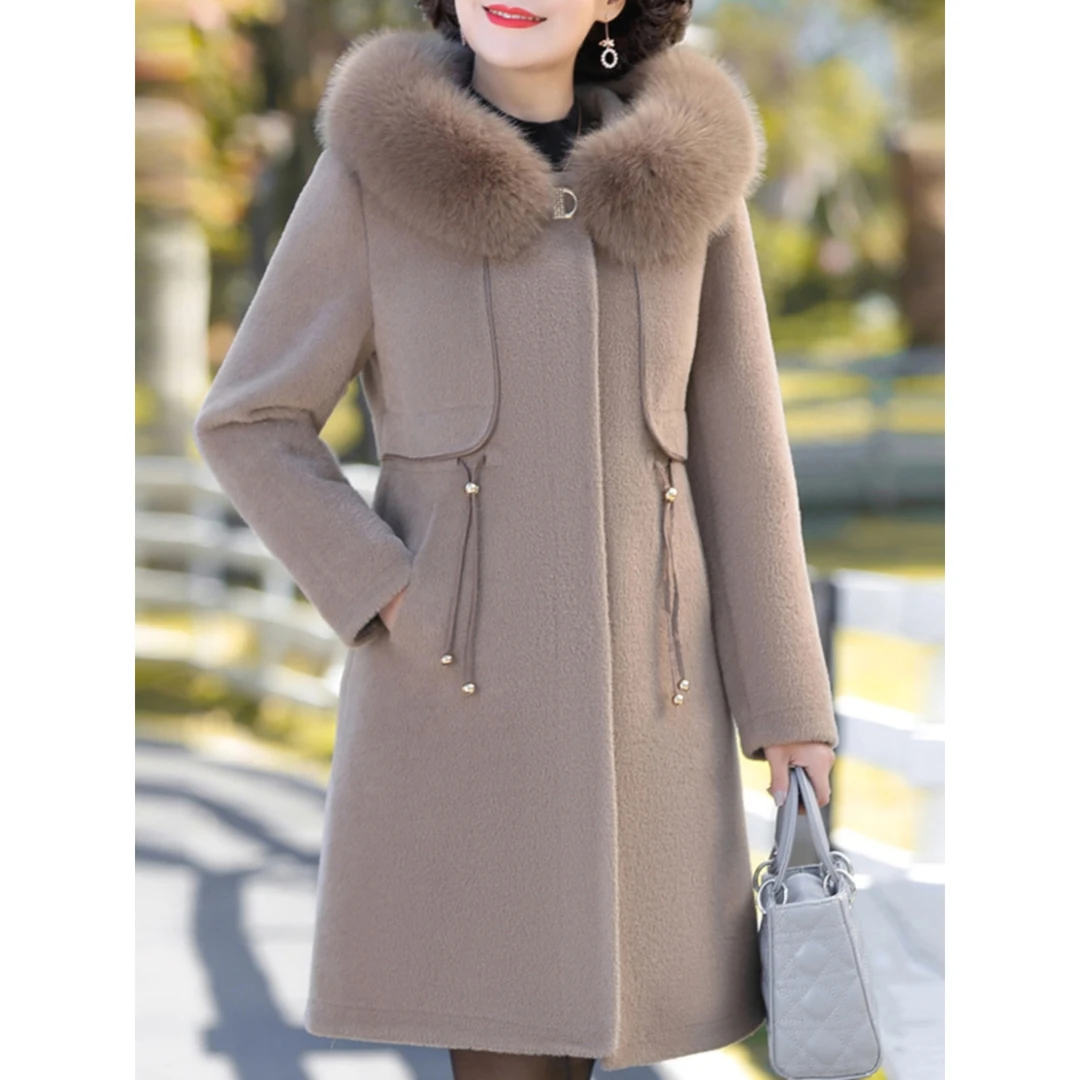 妈妈秋冬装水貂绒毛领外套长款40岁50中老年女装时尚高贵毛呢大衣