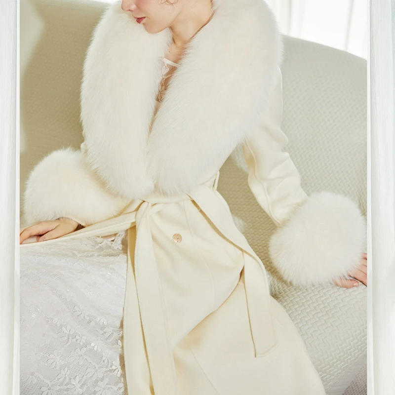 2024年白色澳洲羊毛加厚长款外套双面羊绒皮毛呢狐狸毛领长大衣女