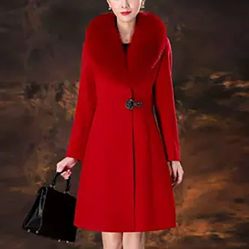 羊毛大衣狐狸毛领修身显瘦大码羊毛呢女外套高贵大气中长款钻石扣