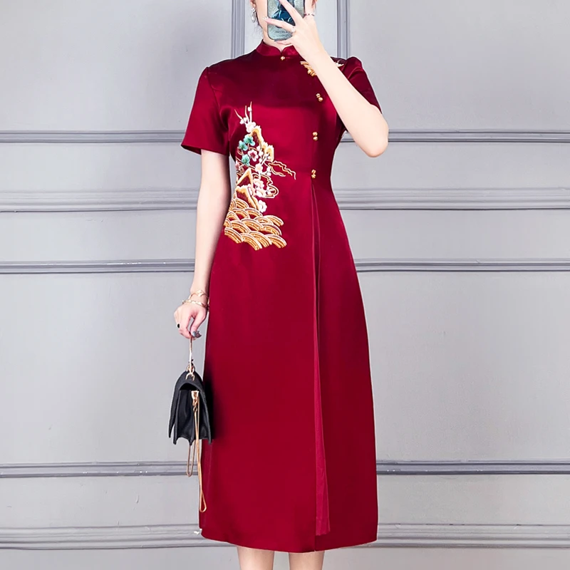 24年新款秋夏季气质高端醋酸喜婆婆婚宴装日常优雅旗袍妈妈连衣裙