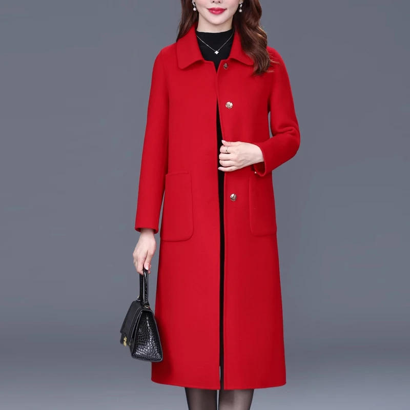 2024妈妈双面羊毛大衣女中长款中老年女装直筒修身毛呢外套冬气质