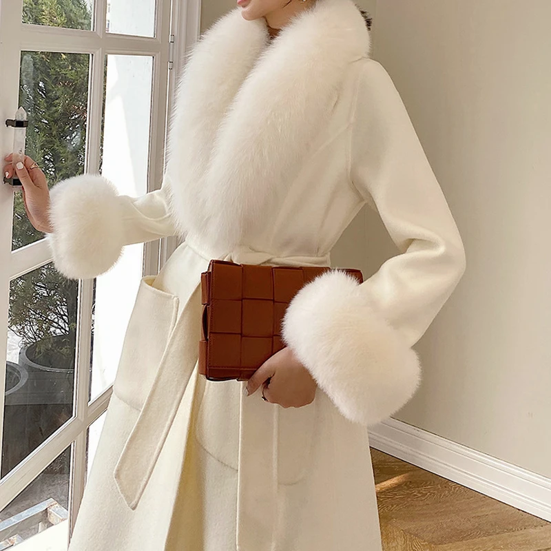 新款澳洲双面羊绒立体裙摆狐狸毛领中长款修身显瘦妃粉色毛呢大衣