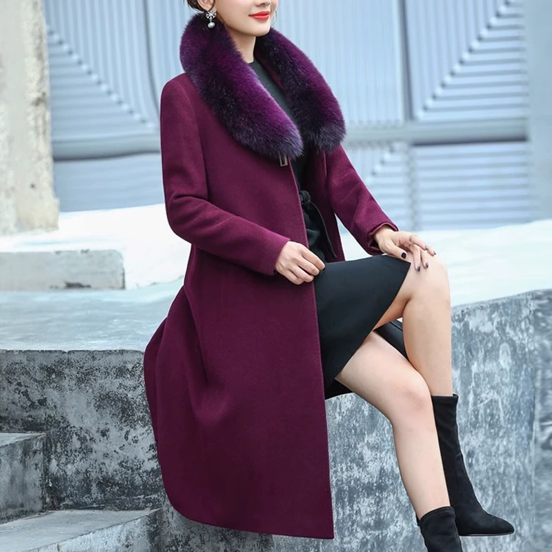2024真狐狸毛领羊毛大衣中老年妈妈装韩版修身大码长款毛呢外套女