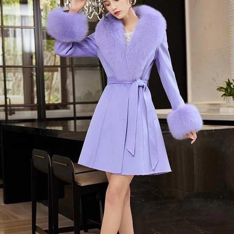 秋冬新款狐狸毛领双面羊毛大衣女名媛高档羊毛呢子皮草外套